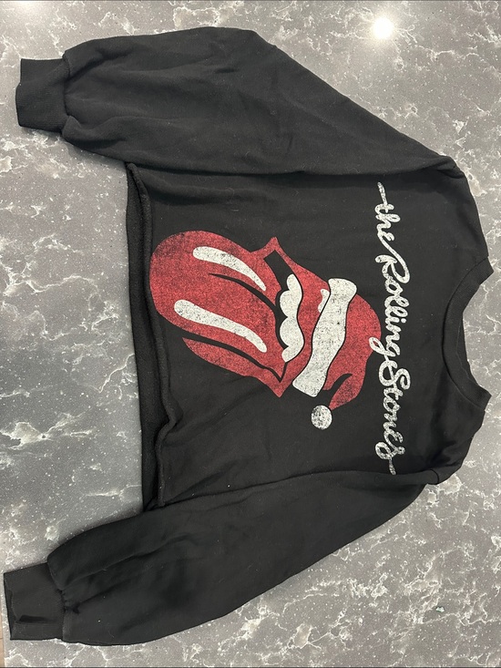 the Rolling Stones Tops - Crop Top the Rolling Stones Black Sweatshirt with Red & White Tongue Logo- Small